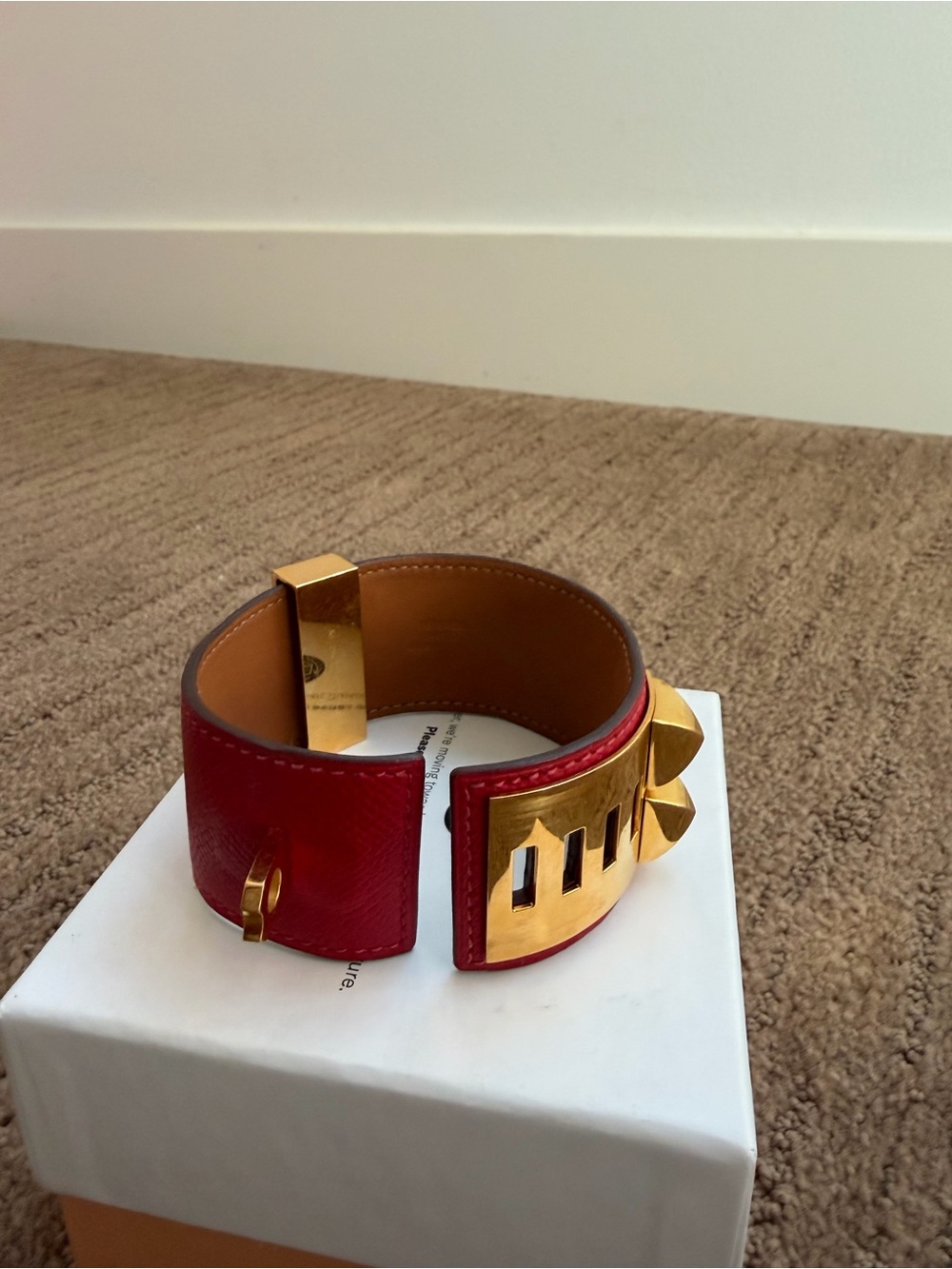 Hermes Red Leather Cuff with Gold Pyramid Studs and Ring - Picture 3 of 6